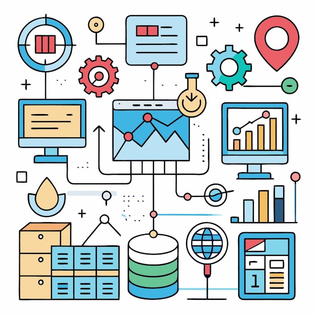 Веб-аналитика и процесс обработки данных с использованием икон компьютерных мониторов, диаграмм, баз данных и других веб-элементов