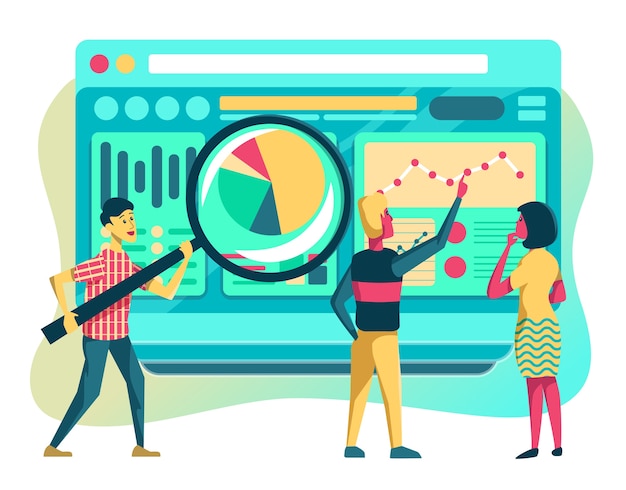 Illustrazione di web analytics, analisi del report aziendale per aiutare a prendere la decisione migliore.