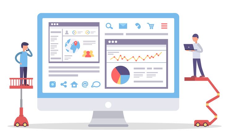 Vector web analytics information and development website statistic. web cms analysis measure, product testing technology, big data analytics. dashboard site seo optimization. digital marketing reports, flat