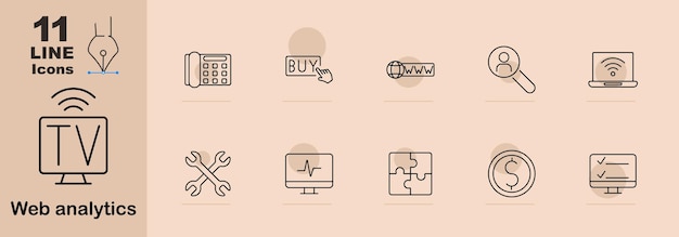 Web analytics set icon TV telefoon koop knop zoek laptop sleutel hartslag puzzel dollar checklist communicatie technologie online winkelen internet financiële analyse hulpmiddel diagnostisch