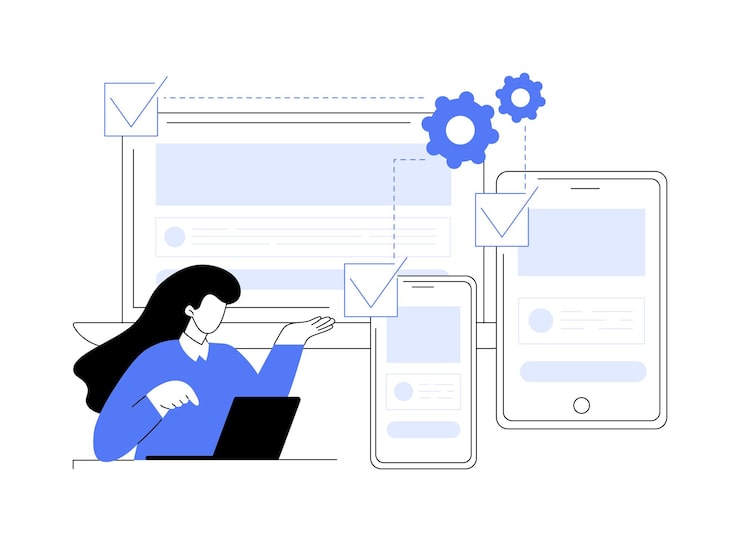 Vector 웹 앱 추상 개념 벡터 그림 모바일 장치의 다양한 화면 크기에 맞는 적응형 응용 프로그램 응답 웹 디자인 규모 it 기술 개발 추상 은유