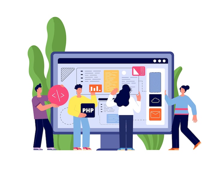 Vector web app developers web illustrations developer website interface development people hold software banners programmers team utter vector concept