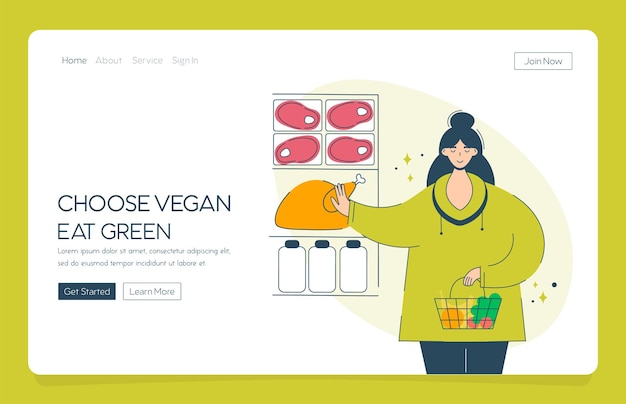 Web app landing happy woman chooses veganism and vegetables Concept vegetarian diet girl with a basket full of fruits and vegetables in the supermarket refuses meat and milk