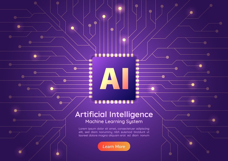 웹 배너 컴퓨터 회로 기판에 인공 지능 AI 칩. AI 및 기계 학습 개념 소개 페이지.