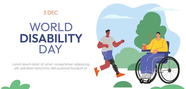Вектор Концепция веб-баннера ко всемирному дню инвалидов. люди с ограниченными возможностями, международный день людей с ограниченными возможностями. разнообразие и инклюзивность. плоская векторная иллюстрация. векторная иллюстрация