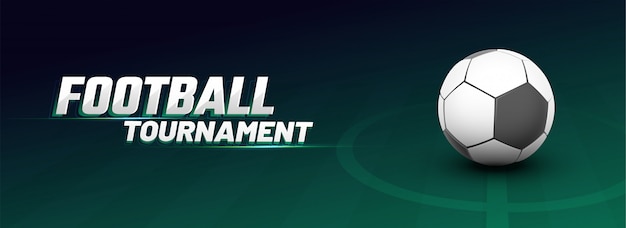 Дизайн веб-баннера с футбольным мячом, стартовая линия и текстовый футбольный турнир.
