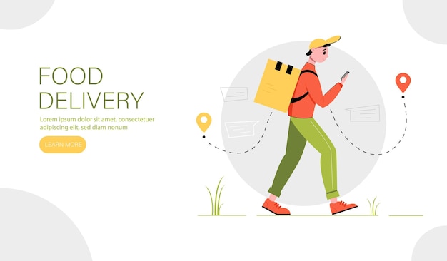 Web banner for food delivery Fast and free food delivery by courier Vector illustration