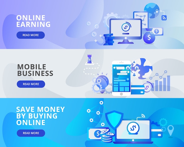 Vector web banner illustration of online learning, mobile business