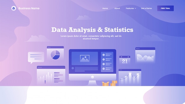 Web banner or landing page  with digital computer and multiple infographics screen on abstract  for Data Analysis & Statistics .