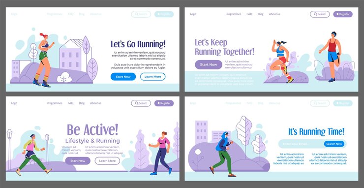 Vector web banner set with flat running people character
