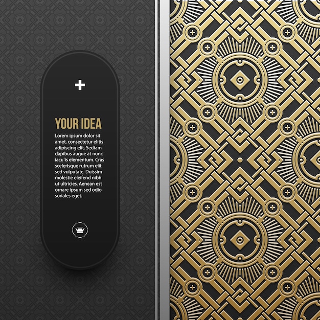 Web banner sjabloon op gouden metallic achtergrond met naadloze geometrische patroon. Elegante luxe stijl.