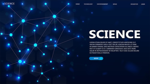 A web banner for technology science and medicine with neon glowing neural networks and malecules on a blue background