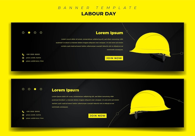 Web Banner template design with geometric black background for Labour day design