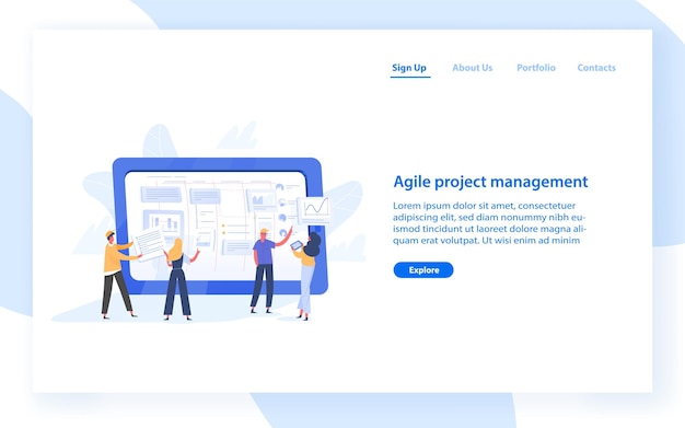 Web banner template with group of people organizing tasks on screen of giant tablet PC. Agile project management for business work organization. Flat vector illustration for website, landing page.