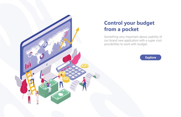 Web banner template with tiny people walking near computer with app for budget planning, sitting on money bills, carrying receipt. Concept of financial administration. Isometric vector illustration.