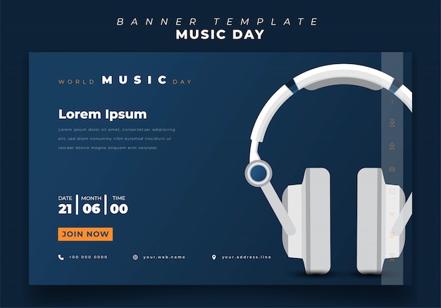 Вектор Шаблон веб-баннера с белой гарнитурой на синем фоне для оформления всемирного дня музыки