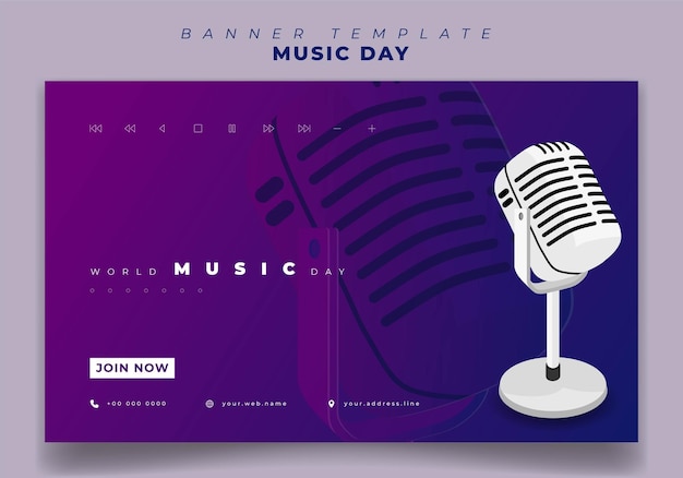 Modello di banner web per la giornata mondiale della musica con microfono e sfondo viola