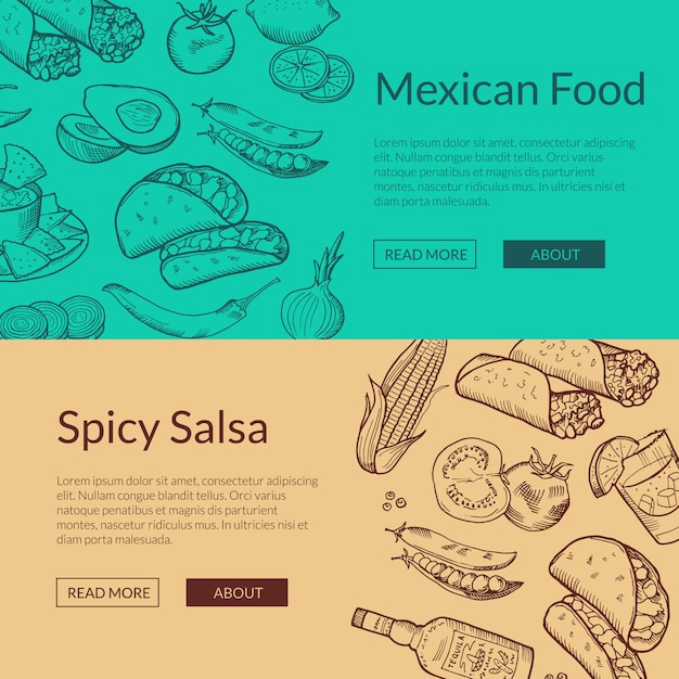 スケッチメキシコ料理要素を持つwebバナーのテンプレート