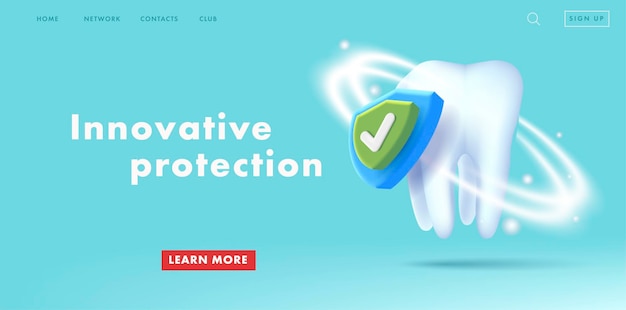 Web banner with 3d illustration of a healthy tooth and protective shield anticaries protection