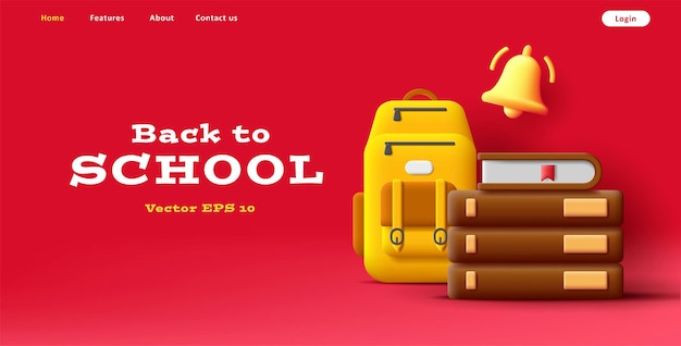 Vector web banner with 3d illustration of school backpack pile of books and bell