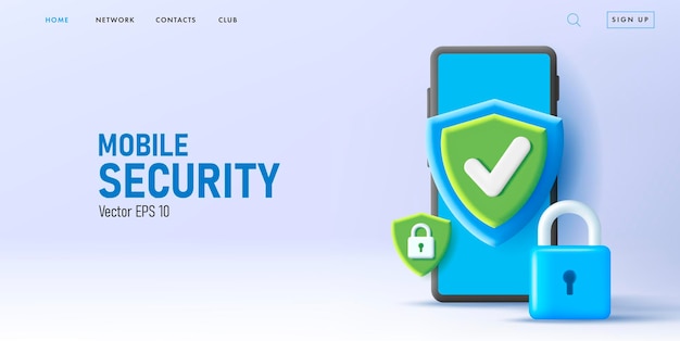 保護シールドと南京錠を備えたスマートフォンの3Dレンダリングイラスト付きのWebバナー