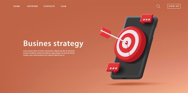 Web banner with 3d render isometric icon of a smartphone with target board and arrow in the center