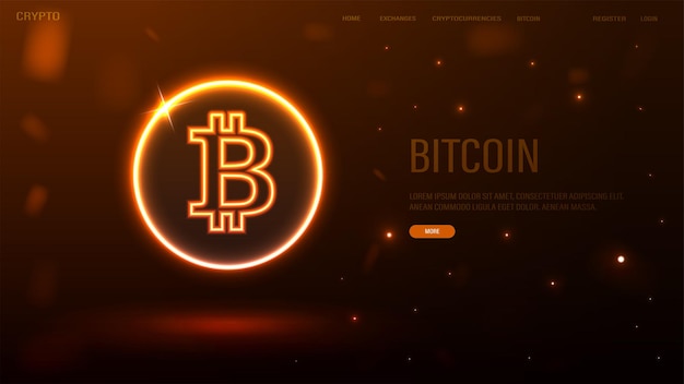 オレンジ色の背景に明るいネオンのビットコインのロゴが付いたウェブ バナー