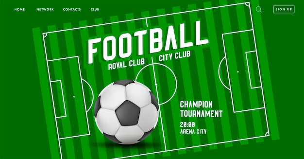 Banner web con illustrazione di pallone da calcio o calcio e campo da gioco verde stilizzato con basi