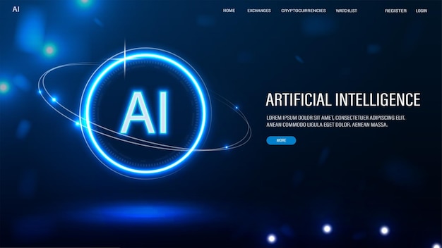 A web banner with a neon Artificial Intelligence AI symbol on a blue background