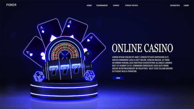 Веб-баннер с неоновыми ярко светящимися покерными картами, казино, рулетками, игровыми автоматами и кости на 3D-подиуме на синем фоне с текстом