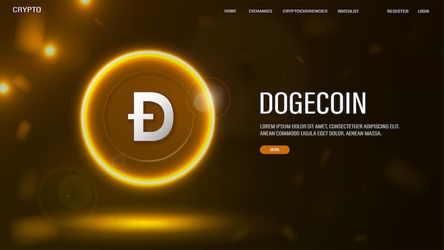 A web banner with a neon Dogecoin DOGE symbol on a golden background