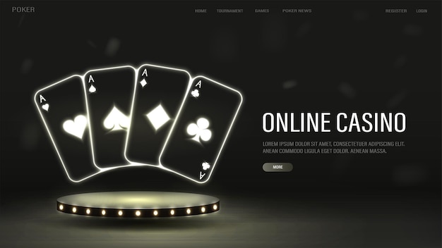 A web banner with neon poker cards on a podium with bright glowing lamps A casinothemed concept for a website in black and gold