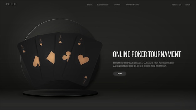 A web banner with real black and gold poker cards on a 3D podium A poster on the casino theme with text