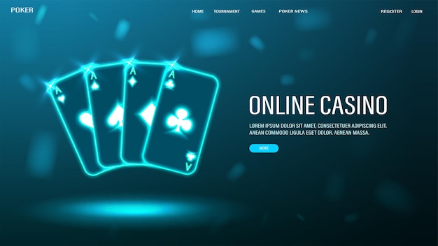 Vettore un banner web con carte da poker blu neon lucide