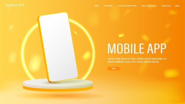 A web banner with a yellow glossy smartphone on a yellow and white podium with a bright neon round arch Poster for a website with a mobile application and online sales