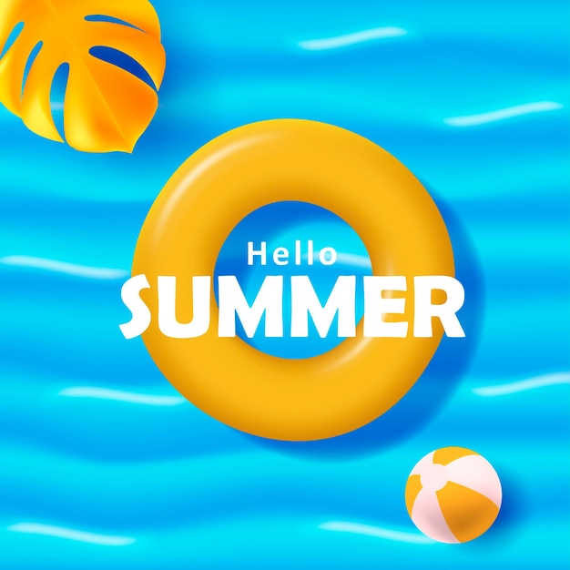 Web banner with yellow swimming circle in the sea top view with palm leaf and beach ball