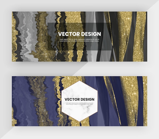 Web banners with black and blue watercolor with golden glitter texture Vector design