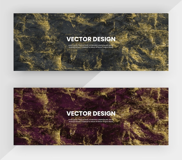 Web banners with black and purple watercolor and golden glitter texture Vector design