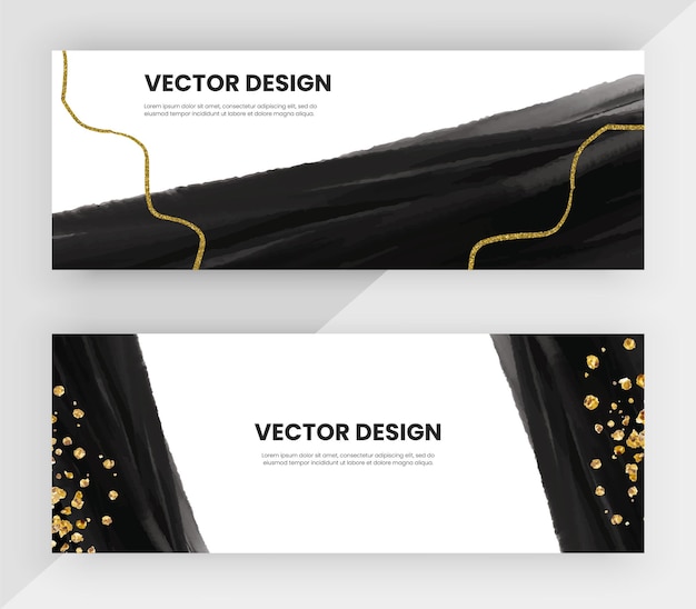 Web banners with black watercolor and golden glitter texture vector design