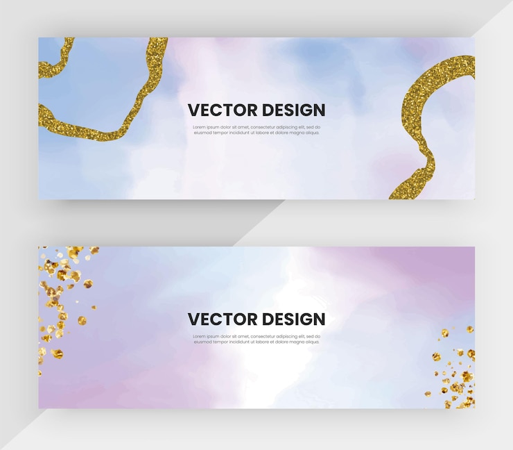 Vector 파란색과 보라색 손 그리기 수채화와 황금 반짝이 질감 벡터 디자인 웹 배너