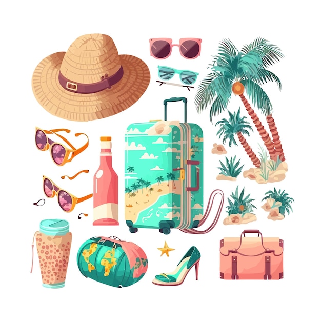 Web Beach stuff for summer travel set Isolated on background Cartoon flat vector illustration