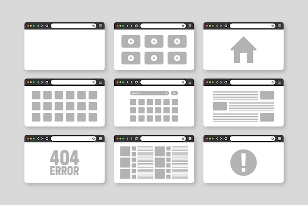 web browser window pages layout with toolbar and search field modern website internet page in flat