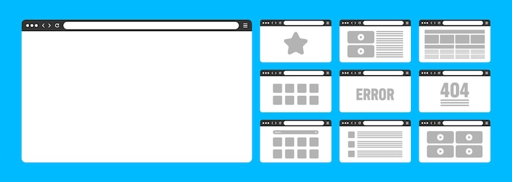 Vector web browser window pages layout with toolbar and search field modern website internet page in flat