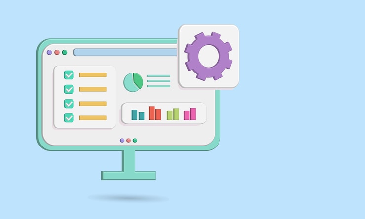 Vector web business on computer screen with setting, chart, infographic, and checklist