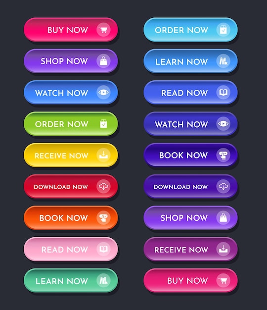 웹 버튼은 다양한 목적, 3d 버튼, 벡터 일러스트레이션을 위한 색상으로 포장됩니다.