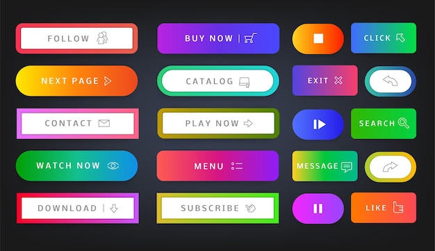 Vector web buttons user interface web dashboard and application interaction banners with call now read more download text vector game menu button set