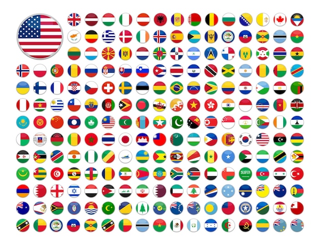 Web buttons with world country flags in flat