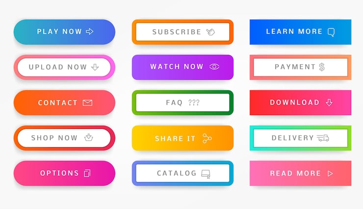 Vector web call button modern ui gradient interaction buttons website and application interface banners with download upload buy now log in submit text vector set