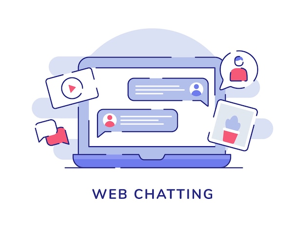 Web chat concept bubble talk picture video sullo schermo del laptop display con stile contorno piatto