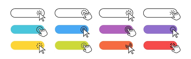 Vettore pulsante di clic web pulsanti del sito web con il puntatore che fa clic sulle icone delle mani e delle frecce sito online negozio internet pulsante dell'interfaccia utente digitale raccolta vettoriale